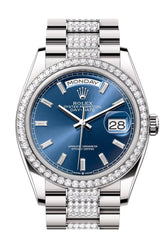Rolex Day Date 40 Bright Blue Diamond Dial Bezel White Gold President Bracelet 128349Rbr Watch